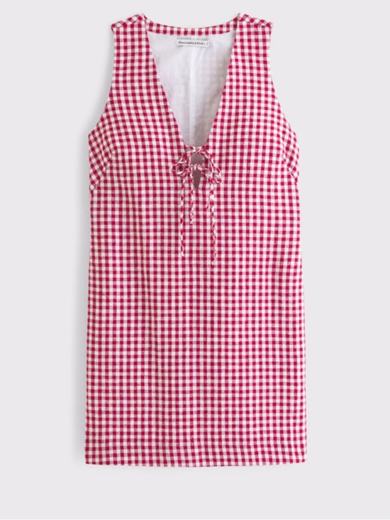 Abercrombie & Fitch Dresses & Skirts - Abercrombie & Fitch Red and White Gingham Tie-Front Linen-Blend Mini Dress